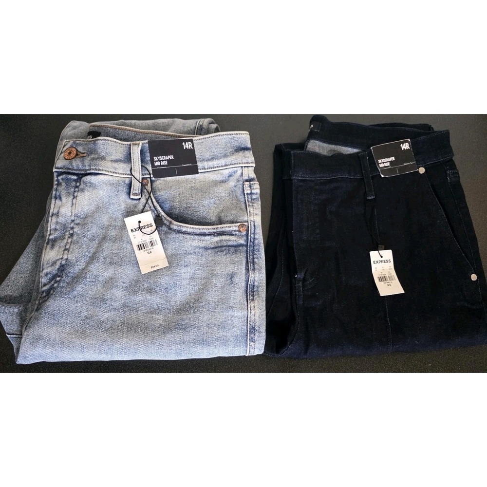 2 NWT Express‎ Sky Scraper Mid-Rise Jeans Sz 14R Flare Boot Stretch Dark Light